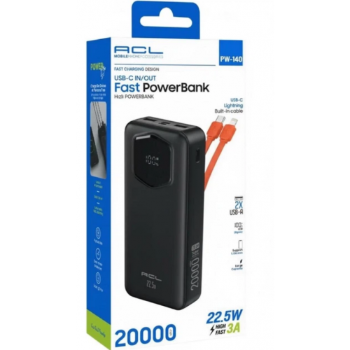 Внешний аккумулятор Power bank ACL PW-140 20000mAh PD22,2W+QC3.0 батарея быстрая зарядка Чёрный