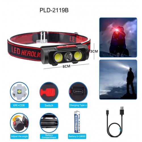 Налобный фонарь PLD-2119B, XPE+2COB, белый и красный, АКБ 18650, ЗУ Type C