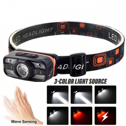 Налобный фонарь WH-0188, XPE+SMD, сенсорное управление, белый и красный свет, ЗУ Type C