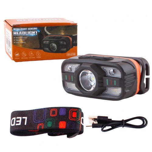 Налобный фонарь WH-0188, XPE+SMD, сенсорное управление, белый и красный свет, ЗУ Type C