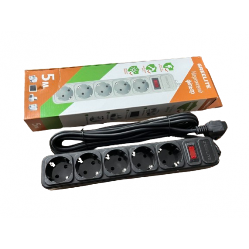 Удлинитель - Cетевой фильтр Greelite на 5 розеток 1,8 метра кабель Черный