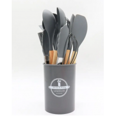 Силиконовый кухонный набор принадлежностей с деревянной ручкой 12 предметов Серый
