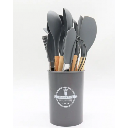 Силиконовый кухонный набор принадлежностей с деревянной ручкой 12 предметов Серый