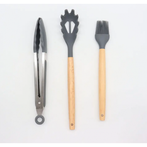 Силиконовый кухонный набор принадлежностей с деревянной ручкой 12 предметов Серый