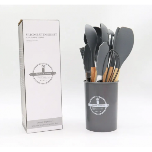 Силиконовый кухонный набор принадлежностей с деревянной ручкой 12 предметов Серый