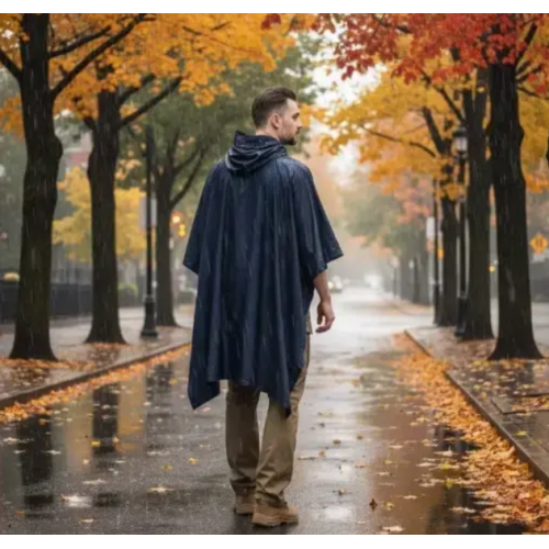 Плащ от дождя мужской пончо дождевик многоразовый с капюшоном Синий