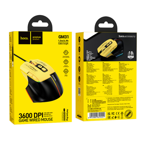 Игровая проволочная мышка HOCO GM31 Overlord luminous gaming 1200-3600DPI USB 1.4M для ПК/ноутбука с подсветкой Черный-Желтый
