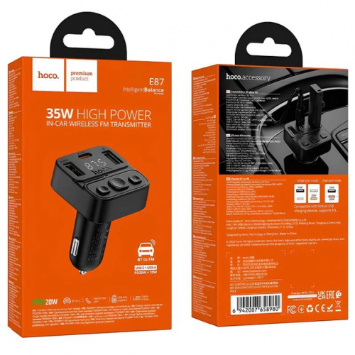 Автомобильный FM-трансмиттер модулятор Bluetooth MP3 HOCO E87 Delta 35W, PD/QC, USB-C/ 2xUSB-A
