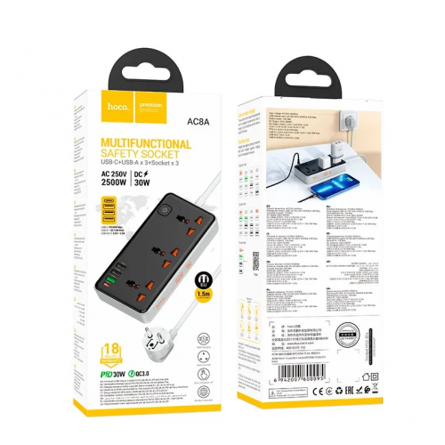 Сетевое зарядное устройство удлинитель HOCO AC8A 3 USB/ Type-C 3 розетки 1,5m PD/QC, 3A/30W