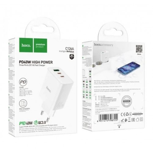 Сетевое зарядное устройство адаптер HOCO C126A Pure 1USB/2Type-C, 40W, поддержка быстрой зарядки PD/QC/FCP/AFC
