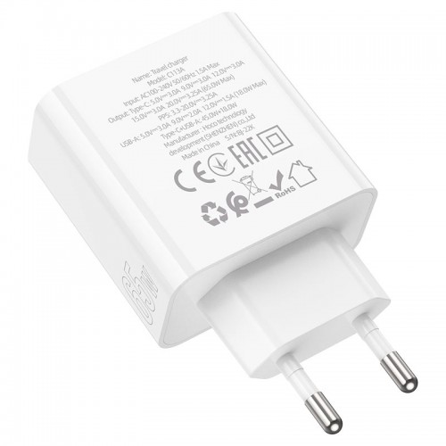 Сетевое зарядное устройство адаптер HOCO C113A Awesome 1USB/1Type-C, 65W, поддержка быстрой зарядки PD/QC/FCP/AFC