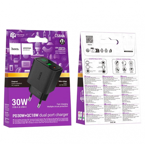 Сетевое зарядное устройство адаптер HOCO CS84A 1USB/1Type-C, 30W, поддержка быстрой зарядки PD/QC/FCP/AFC Черный