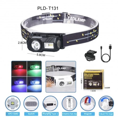 Фонарь налобный аккумуляторный T131-XPE+3SMD (Red+Green+Blue+UV), ЗУ Type C, с датчиком движения фонарик