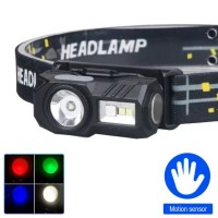 Фонарь налобный аккумуляторный T131-XPE+3SMD (Red+Green+Blue+UV), ЗУ Type C, с датчиком движения фонарик