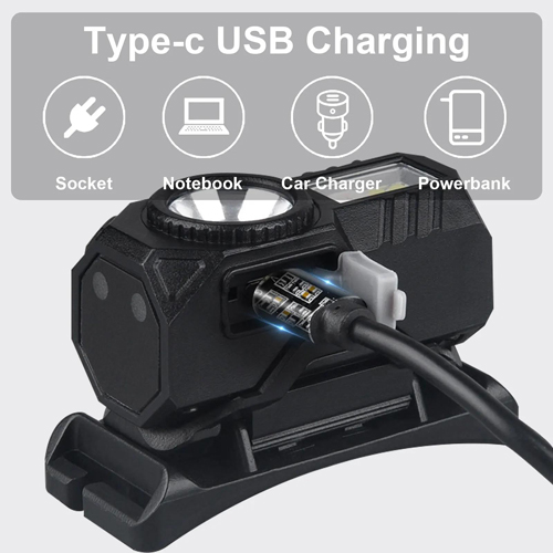 Фонарь налобный аккумуляторный T131-XPE+3SMD (Red+Green+Blue+UV), ЗУ Type C, с датчиком движения фонарик