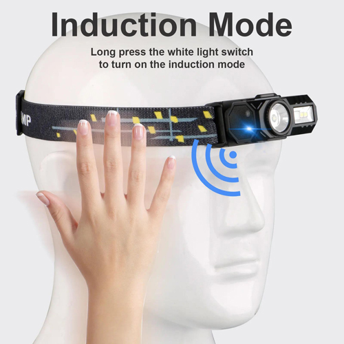 Фонарь налобный аккумуляторный T131-XPE+3SMD (Red+Green+Blue+UV), ЗУ Type C, с датчиком движения фонарик