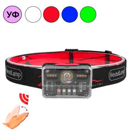 Фонарь налобный аккумуляторный M-006 XPG+8SMD+4SMD с сенсорным управлением, красный, синий, зеленый, белый, ультрофиолет