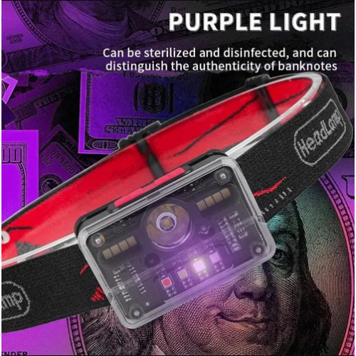 Фонарь налобный аккумуляторный M-006 XPG+8SMD+4SMD с сенсорным управлением, красный, синий, зеленый, белый, ультрофиолет