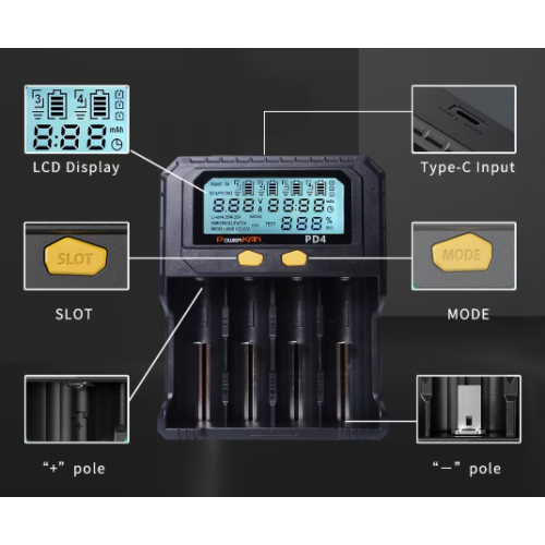 Универсальное зарядное устройство PowerKan PD4 4 канала с экраном под 18650
