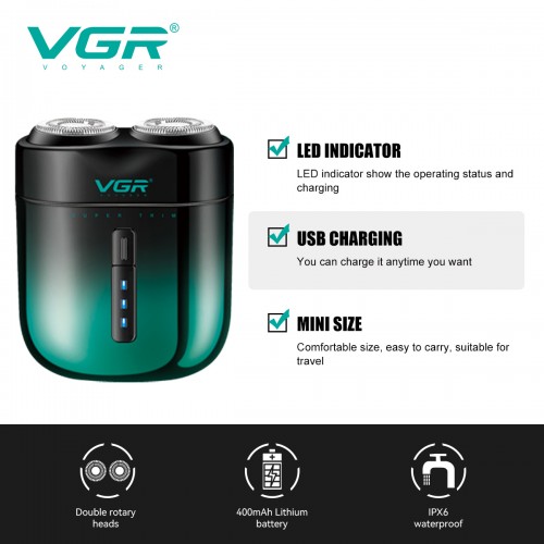 Аккумуляторная электробритва VGR V-348, Машинка для бритья / Электрическая бритва для лица Зелёная