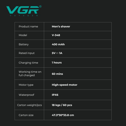 Аккумуляторная электробритва VGR V-348, Машинка для бритья / Электрическая бритва для лица Зелёная