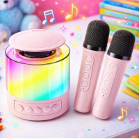 Портативная колонка K19 Bluetooth с LED-подсветкой и 2 микрофонами, караоке Розовая