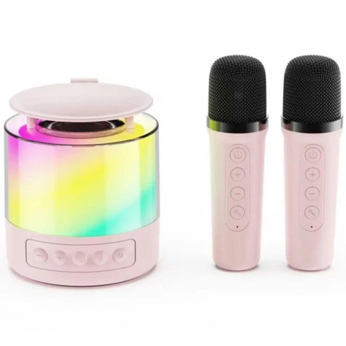 Портативная колонка K19 Bluetooth с LED-подсветкой и 2 микрофонами, караоке Розовая