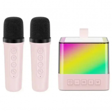 Портативная колонка K18 Bluetooth с LED-подсветкой и 2 микрофонами, караоке Розовая