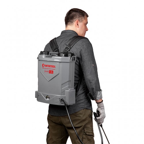 Опрыскиватель аккумуляторный ранцевой 12 л, 3.1 л/мин, батарея 12 В/8 Аг INTERTOOL DT-9012