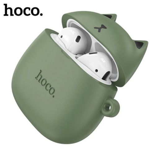 Беспроводные наушники вкладыши в кейсе HOCO EW45 + силиконовый кейс Кот Зелёный