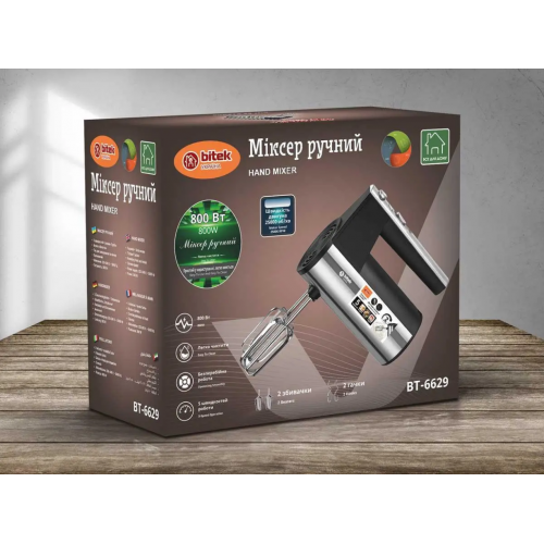 Ручной миксер для кухни на 5 скоростей Bitek BT-6629 800W Кухонный электрический миксер с подставкой