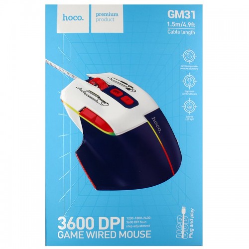 Ігрова дротяна мишка HOCO GM31 Overlord luminous gaming 1200-3600DPI USB 1.4M для ПК/ноутбука з підсвічуванням Біло-Синя