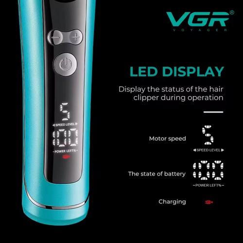 Тример акумуляторний VGR V-299, 4 насадки, 9000RPM, 2000 mAh, 5 рівнів швидкості, LED дисплей Синій