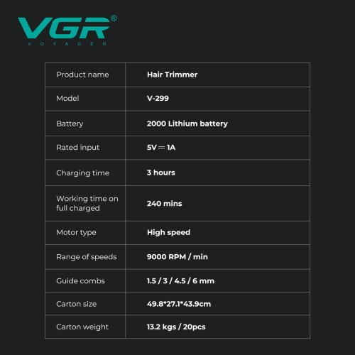 Тример акумуляторний VGR V-299, 4 насадки, 9000RPM, 2000 mAh, 5 рівнів швидкості, LED дисплей Синій