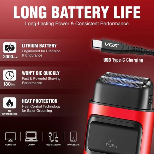 Електробритва шейвер для бороди, з USB, VGR V-307 / Акумуляторна бритва / Тример для обличчя Червоний
