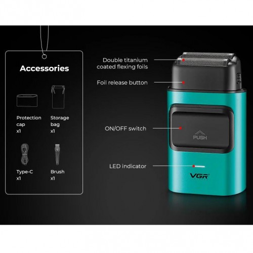 Електробритва шейвер для бороди, з USB, VGR V-307 / Акумуляторна бритва / Тример для обличчя Зелений