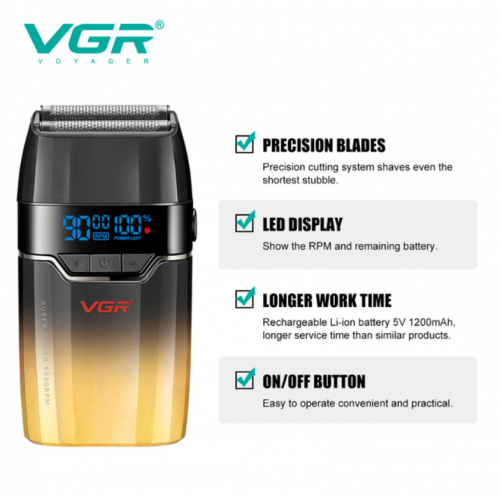 Електробритва VGR V-308 шейвер, подвійне лезо, 9000 RPM, LED дисплей Золотий