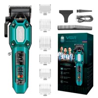Акумуляторна машинка для стрижки VGR V-600, 6 насадок, регулятор висоти, 7000 RPM, LED дисплей Зелена