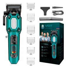 Акумуляторна машинка для стрижки VGR V-600, 6 насадок, регулятор висоти, 7000 RPM, LED дисплей Зелена