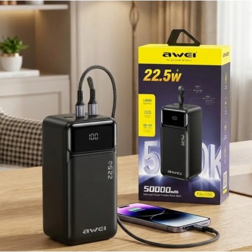 Зовнішній акумулятор Power bank AWEI PA106 50000 мАг 22.5 Вт швидка зарядка Чорний
