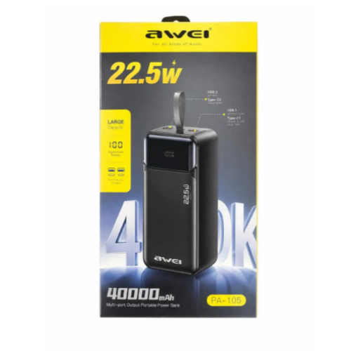Зовнішній акумулятор Power bank AWEI PA105 40000 мАг 22.5 Вт швидка зарядка Чорний