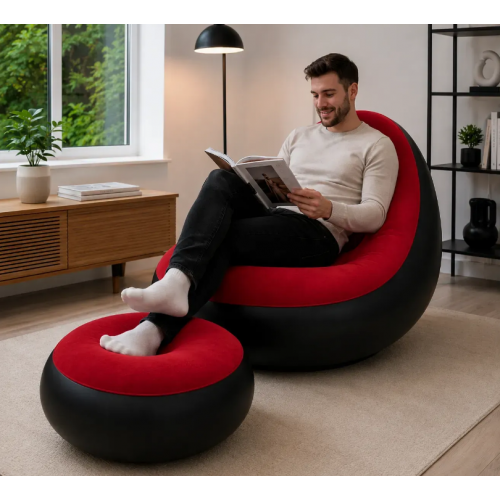 Надувне крісло диван 2в1 з пуфиком для ніг A-Sofa до 150 кг. з насосом Чорний з червоним