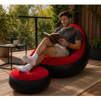 Надувне крісло диван 2в1 з пуфиком для ніг A-Sofa до 150 кг. з насосом Чорний з червоним