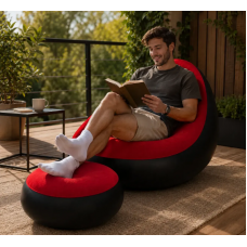 Надувне крісло диван 2в1 з пуфиком для ніг A-Sofa до 150 кг. з насосом Чорний з червоним