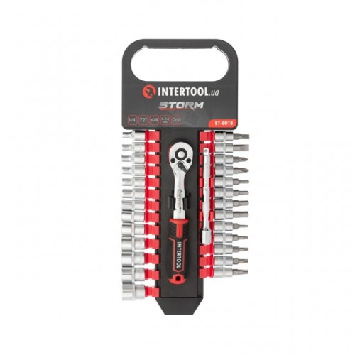 Набір головок 1/4 '4-14 мм., TORX, PH, HEX, SL, 72 зуба, 28ед., Cr-V STORM INTERTOOL ET-8018